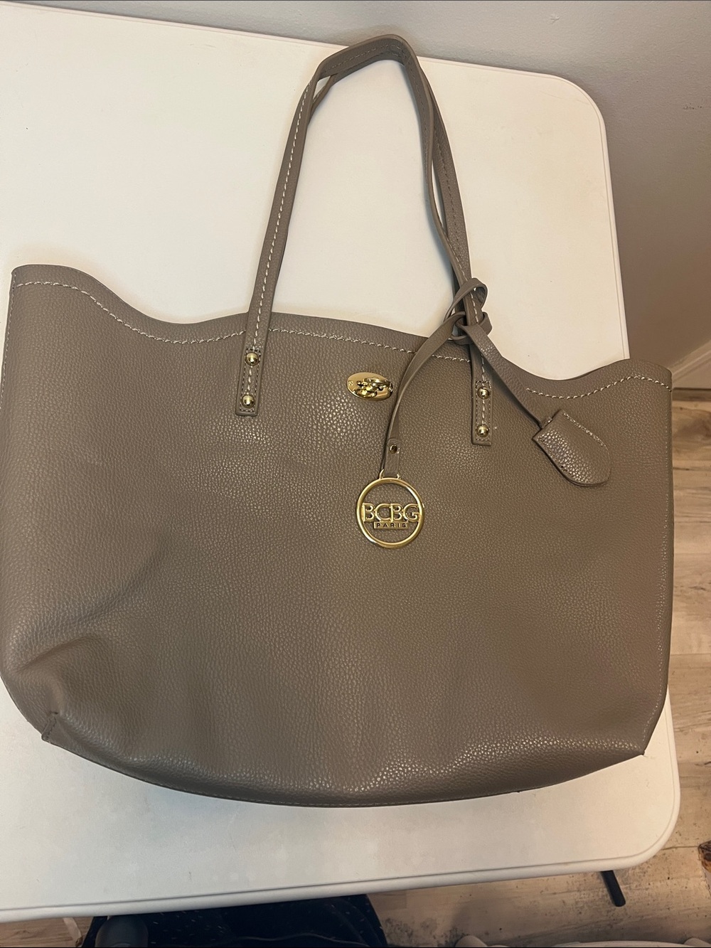 BCBG Taupe Pebbled Tote shoulders  bag with Gold Charm